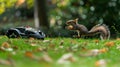 Animal safety: A squirrel is about to be run over by a robotic lawnmower in action on a sunny grassy lawn, with grass Royalty Free Stock Photo