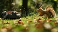 Animal safety: A squirrel is about to be run over by a robotic lawnmower in action on a sunny grassy lawn, with grass Royalty Free Stock Photo
