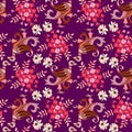 Animal seamless ornament in ethnic style. Magic birds with wings in paisley shape and beautiful flowers on dark purple background