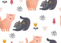 Animal seamless pattern with cat and different shapes. Abstract baby background illustration