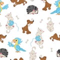 Animal seamless pattern. Cartoon dog and cat, hedgehog and parrot.