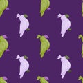 Animal seamless pattern with green and lilac parrot silhouettes. Purple background. Hand drawn style