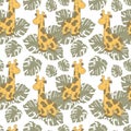 Animal seamless pattern, hand drawn cute funny giraffes and tropical leaves. Kids bedroom decor, print, textile Royalty Free Stock Photo