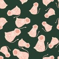 Animal seamless pattern with light pink lion ornament. Dark green background. Random animal tropic print