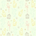 Animal seamless pattern. Pets Hamster, parrot, dog, cat and cage. Outline drawing. Can be used for baby, fashion design