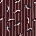 Animal seamless pattern with random penguin print. Striped brown background. Cartoon zoo backdrop