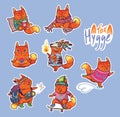 Animal set of stickers with fox. Vector illustration