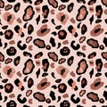 Animal skin seamless pattern on pink background. Watercolor hand painted leopard print with brown, beige and black spots