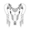 Animal skull in boho style with geometric ornaments and bird feathers. Tribal outline illustration