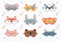 Animal sleep mask set, stock vector illustration. Panda, bunny, cat, rabbit, mouse, fox, bear, raccoon, pig sleep mask Royalty Free Stock Photo