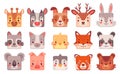 Animal square face. Cartoon cute animals muzzles, mobile ui game avatar comic child character kawaii head panda dog cat