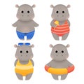 Animal summer stickers set hippo pool character Royalty Free Stock Photo