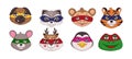 Animal superhero masks. Happy forest mammals. Creative face card or wallpaper. Kids heroic characters set. Isolated hero