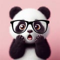 animal surprised panda wear glasses on solid pink background. ai generative
