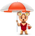 Animal in swimsuit with umbrella holding beachball