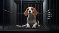 Animal Testing Scared Beagle Dog in Cage. The dog is sitting in a cage. Wire box pets. generative ai Royalty Free Stock Photo