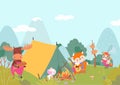 Animal travel in forest. Funny animals rest on nature in camping with tent and campfire. Outdoor walking with friends