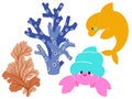 Animal underwater ocean coral reef fish, sea horse, ray, sunfish, crab,dolphin, squid, turtle, ray,shark elements isolated Royalty Free Stock Photo