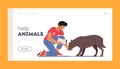 Animal Volunteering Landing Page Template. Volunteer Character Feed Dog in Shelter or Pound. Young Man Gives Food