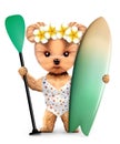 Animal wearing swimsuit and hold surf and paddle