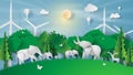 Animal wildlife in green park.Creative Paper cut and craft style.Elephants and deer in forest.Graphic Eco environment day concept Royalty Free Stock Photo