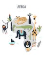 Animal World Map - mainland Africa. Cute hand drawn nursery print in scandinavian style. Vector illustration