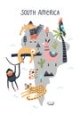Animal World Map - South America. Cute hand drawn nursery print in scandinavian style. Vector illustration Royalty Free Stock Photo