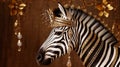 Animal zebra dressed in jewelry. A lot of beads with stones, a necklace, a diadem. Zebra princess on a golden background,