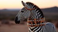 Animal zebra dressed in jewelry. A lot of beads with stones, a necklace, a diadem. Zebra princess on a golden background,