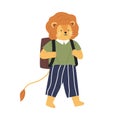 Animalistic childish character or lion cub going to school. Smart lionet pupil in clothes carry backpack. Flat vector