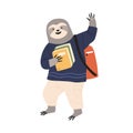 Animalistic childish character student carrying books and waving hand. Cute sloth pupil. Funny animal student with