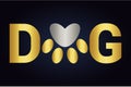 Golden dog text with animal paw print instead letter o. Pet footmark in word dog. Silver heart in dog paw.