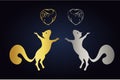 Jumping squirrel silhouette and hazelnut isolated on dark background. Logo set of squirrels with nuts in gold and silver colors