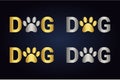 Silver and golden dog text with animal paw print instead letter o. Pet footmark in word dog. Minimalist