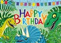 Funny dinosaurs and birthday greetings.