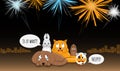 Animals afraid of loud bangs and whistles. Fireworks make stress during yearend celebrations. Dog, bunny, cat, squirrel and cavy