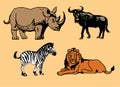 Animals of Africa. Lion, zebra, rhino, wildebeest. Vector. Color.