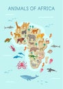 Animals of Africa map. Flat cartoon illustration. Royalty Free Stock Photo