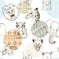 Animals of Africa and ornaments on a white background