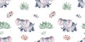 Animals of Africa seamless pattern with tropical leaves. Watercolor seamless pattern.