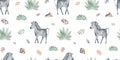 Animals of Africa seamless pattern with tropical leaves. Watercolor seamless pattern.