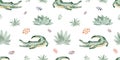 Animals of Africa seamless pattern with tropical leaves. Watercolor seamless pattern.