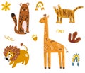 African animals collection. Giraffe, lion, leopard, tiger and flowers with leaves. Jungle and safari.