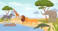 Animals from the African continent at watering holes on the background of nature in a cartoon style. Carnivores and Royalty Free Stock Photo