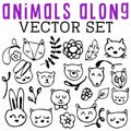 Animals Along Vector Set with cat, dog, bunny rabbit, bear, and fox faces.