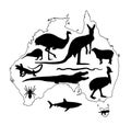 Animals from Australia collection vector silhouette. Australian map vector silhouette Royalty Free Stock Photo