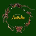 Animals of Australia. Kangaroo, llizard, crocodile, turtle, snake, fish. Aboriginal art style Royalty Free Stock Photo