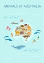 Animals of Australia map.Flat cartoon illustration for kids. Royalty Free Stock Photo