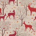 Animals in autumn forest pattern. Fall leaves and trees background Royalty Free Stock Photo