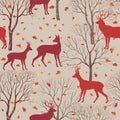 Animals in autumn forest pattern. Fall leaves and trees background Royalty Free Stock Photo